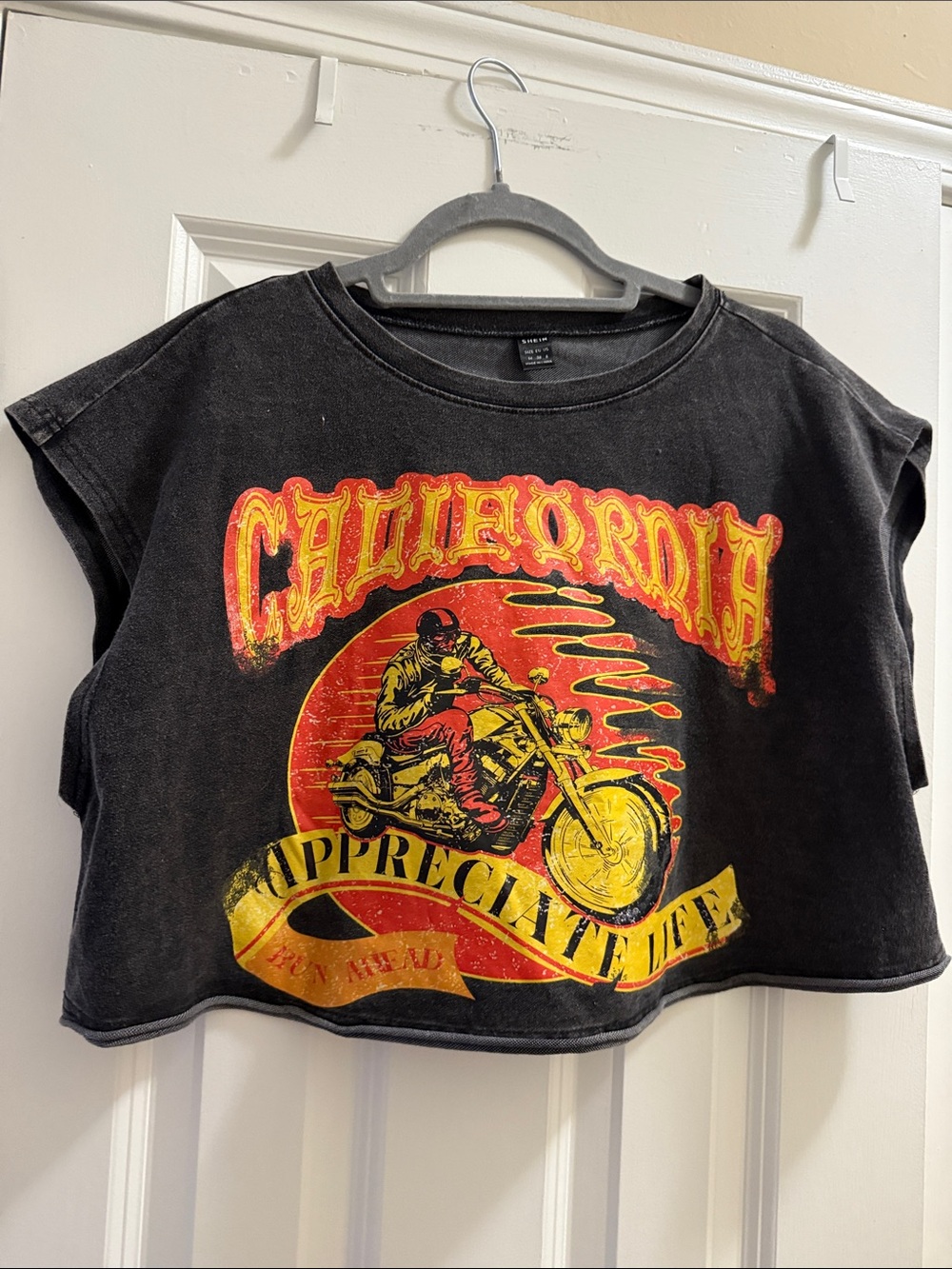 SHEIN Black Crop Tee with Red & Yellow Motorcycle Graphic